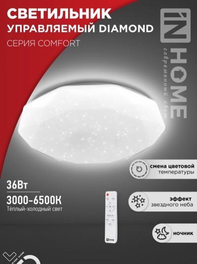Светильник сд COMFORT DIAMOND 36Вт 230В 3000-6500K 2900Лм 350x90мм с пультом ДУ IN HOME!